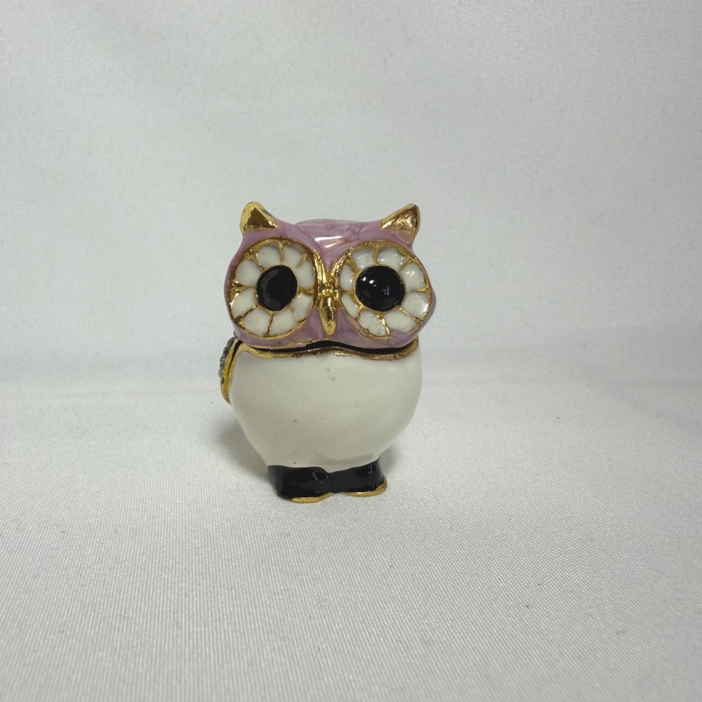 Enameled Owl Trinket Box Rhinestone Wings Purple Gold Tone Bird Magnetic